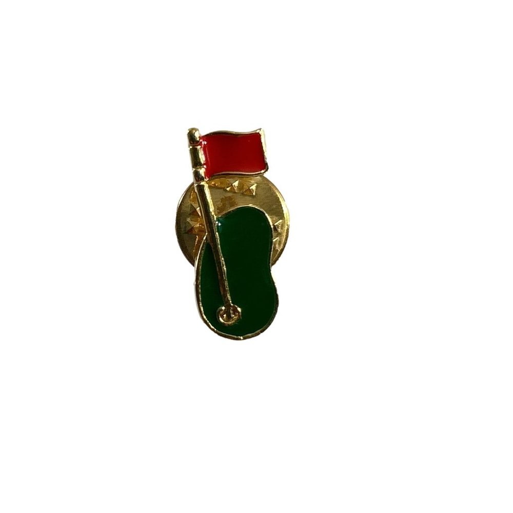 Golf Tie Tack Brooch Hat Lapel Pin Gold Tone Enamel Red Green Flag